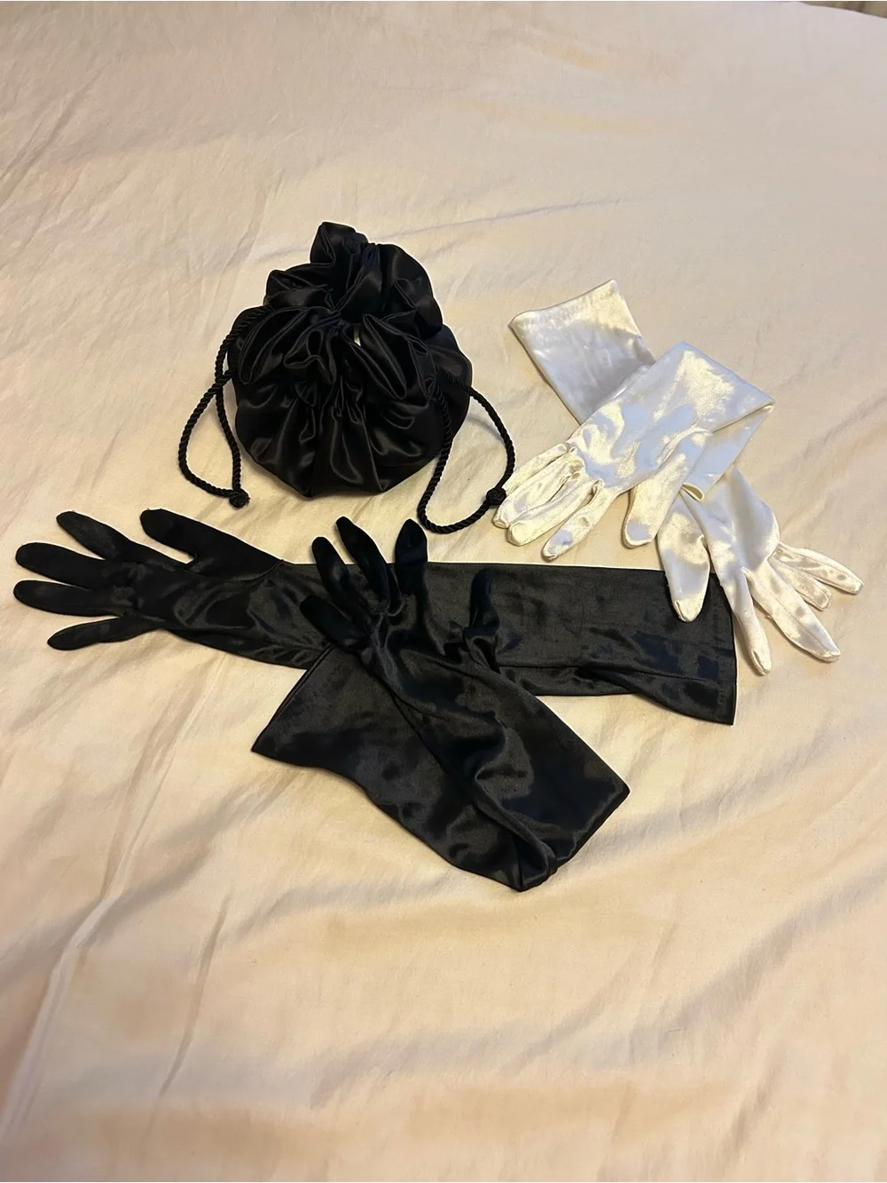 Black Satin Evening Drawstring Pouch W/ Two Elegant Evening Gloves